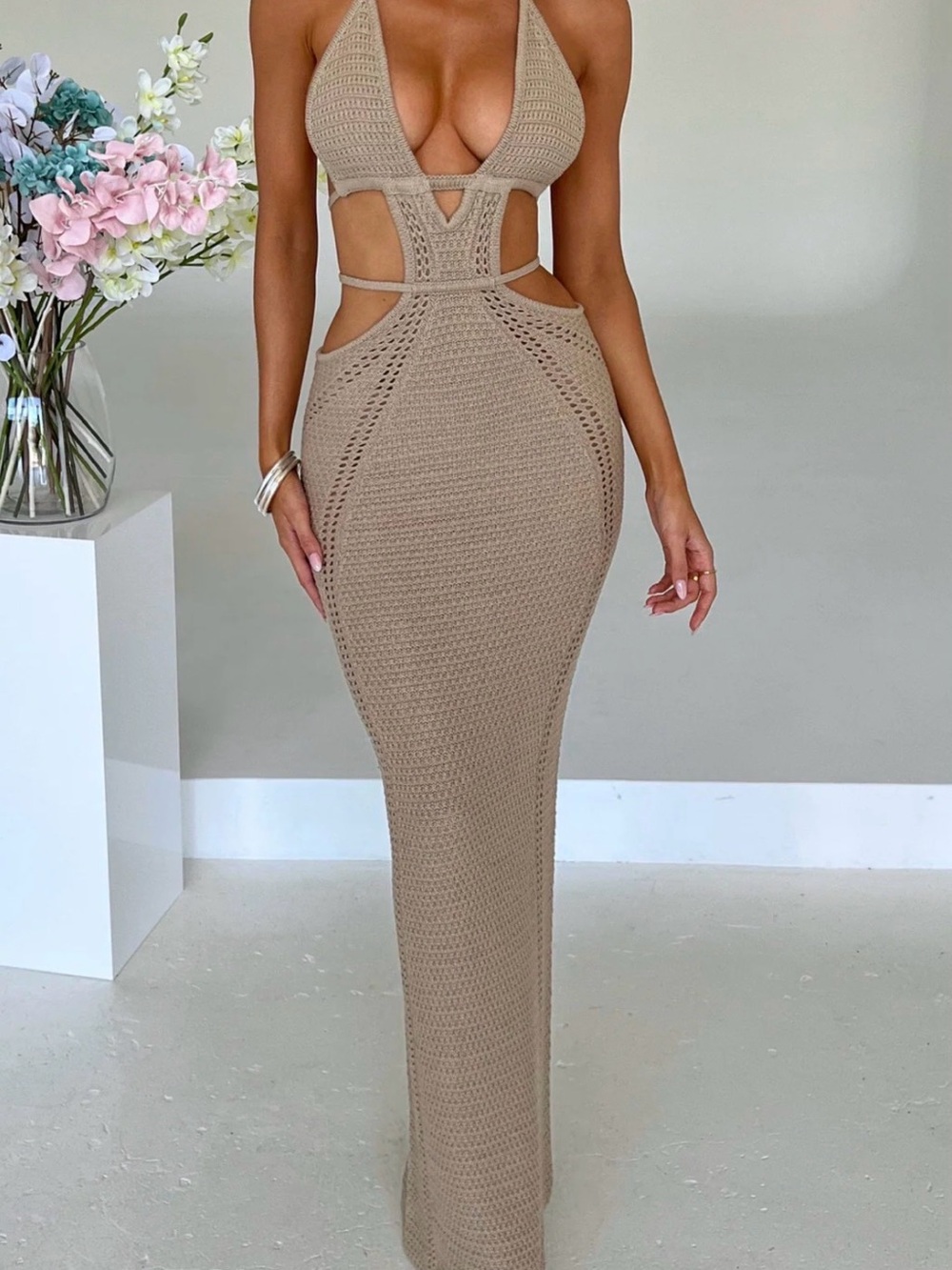 Baby boo Neutral Crochet Cutout Maxi Dress - Halter Neck Maxi
